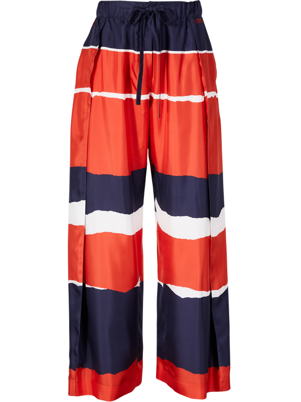 Weite Seidenhose mit Scarf-Print Rot/Marineblau