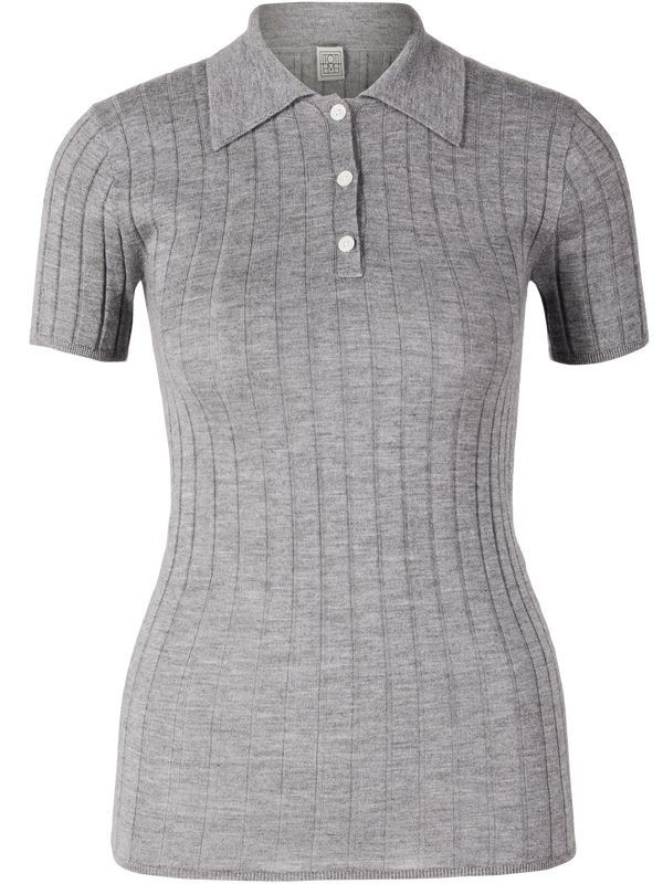 Geripptes Cashmere-Seidenpoloshirt Grau