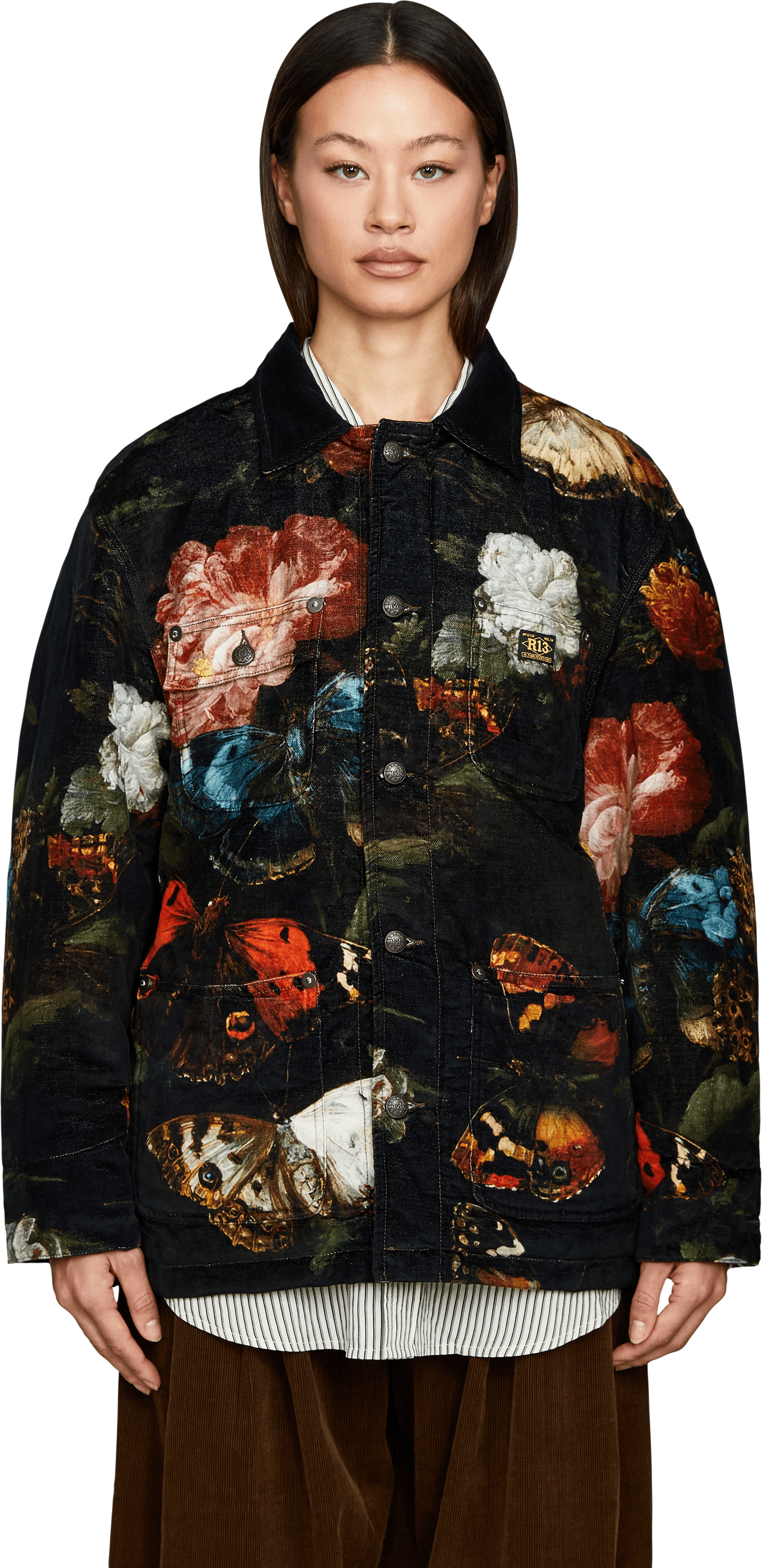 R13 Shirt jacket with a butterfly and floral pattern – black, Front view – UNGER.DE
