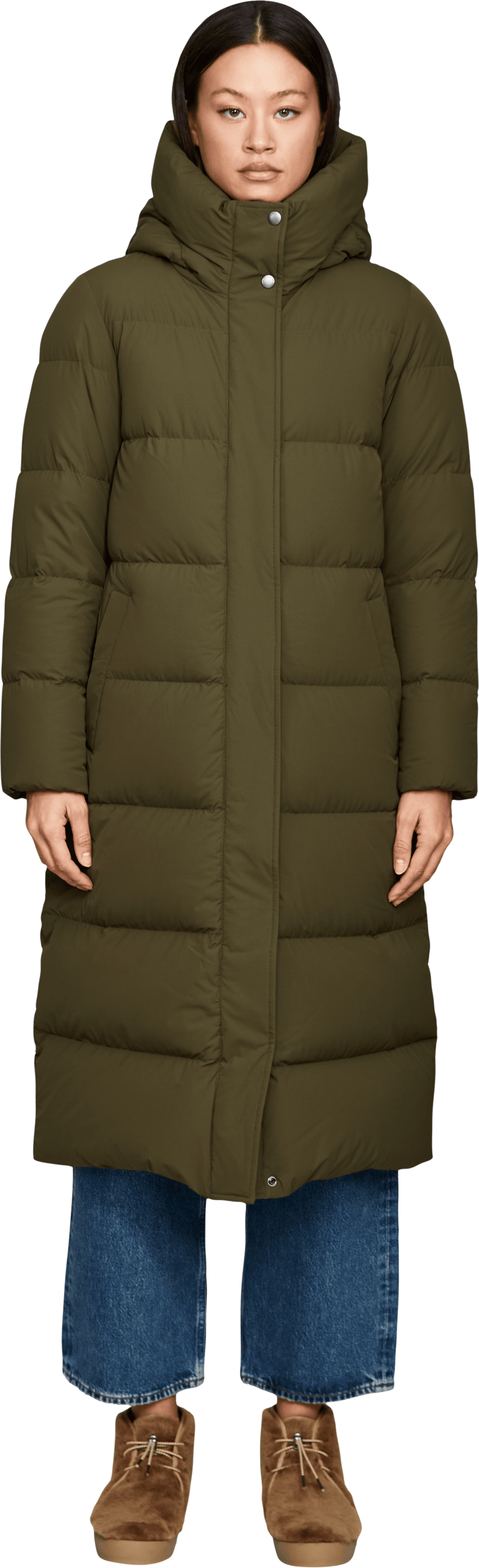 Woolrich Daunenmantel 'Madison Long' mit Kapuze Olivgrün, Frontansicht – UNGER.DE