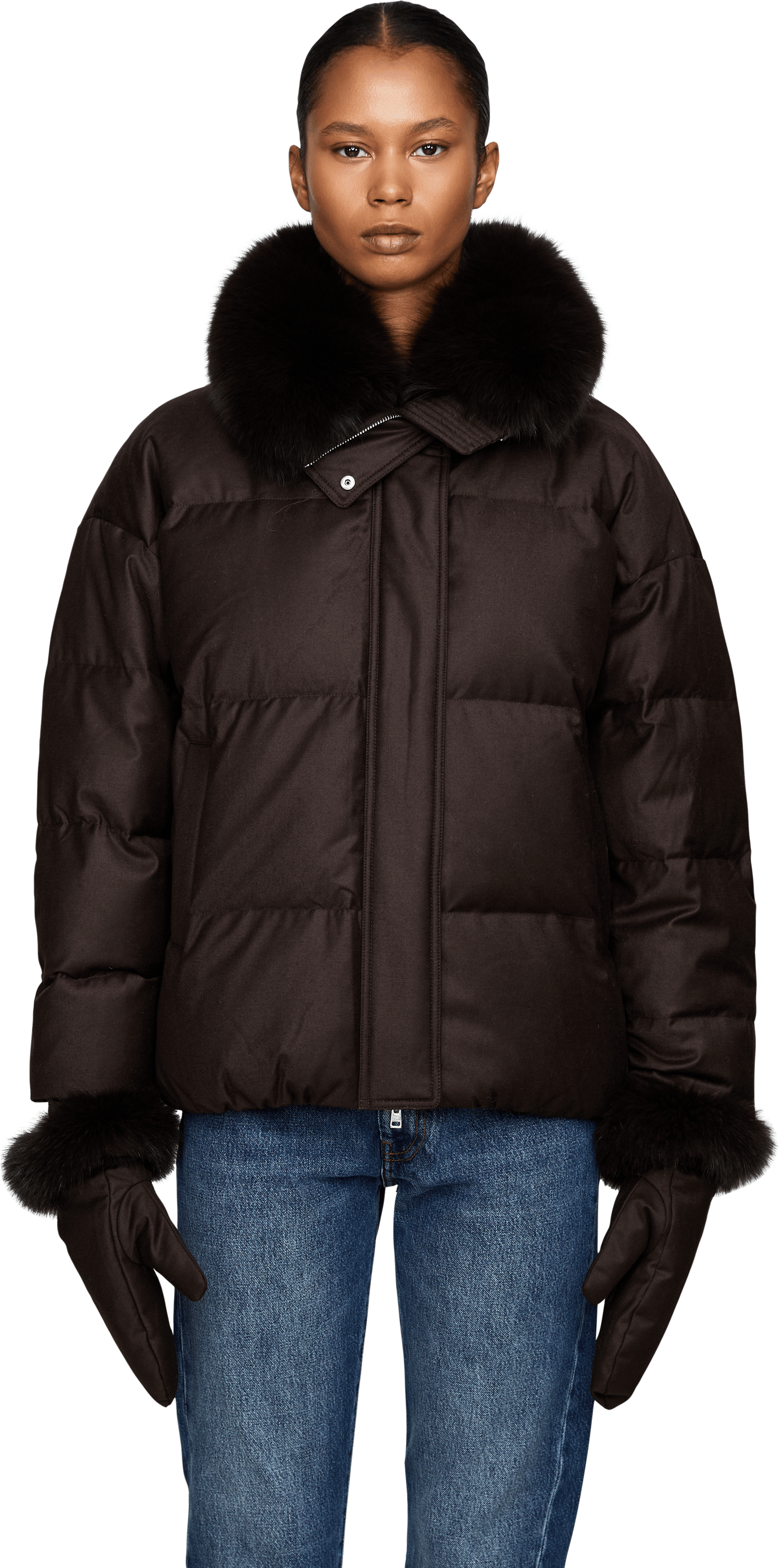 Yves Salomon Flanell-Daunenjacke mit Pelzbesatz Dunkelbraun, Frontansicht – UNGER.DE