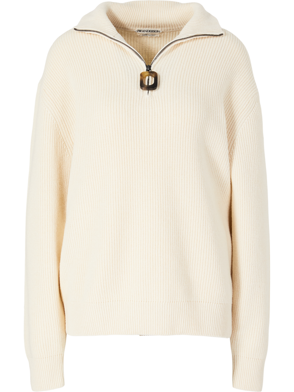 Wollpullover mit Horn-Zipper Crème