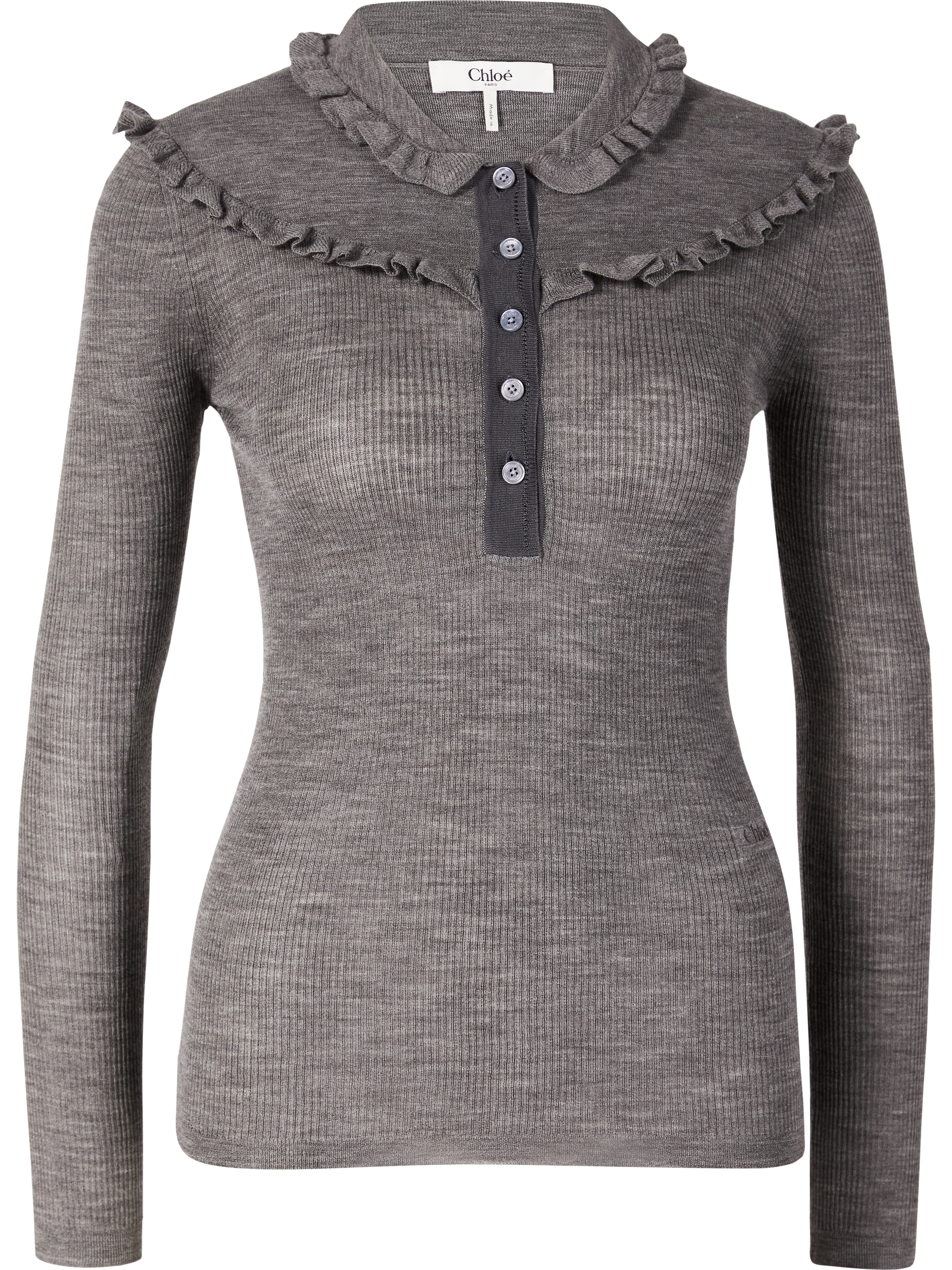 Ribbed long-sleeved woollen top with ruffles grey