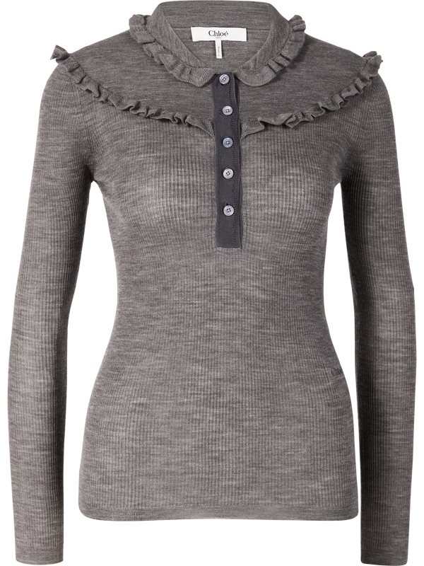 Ribbed long-sleeved woollen top with ruffles grey