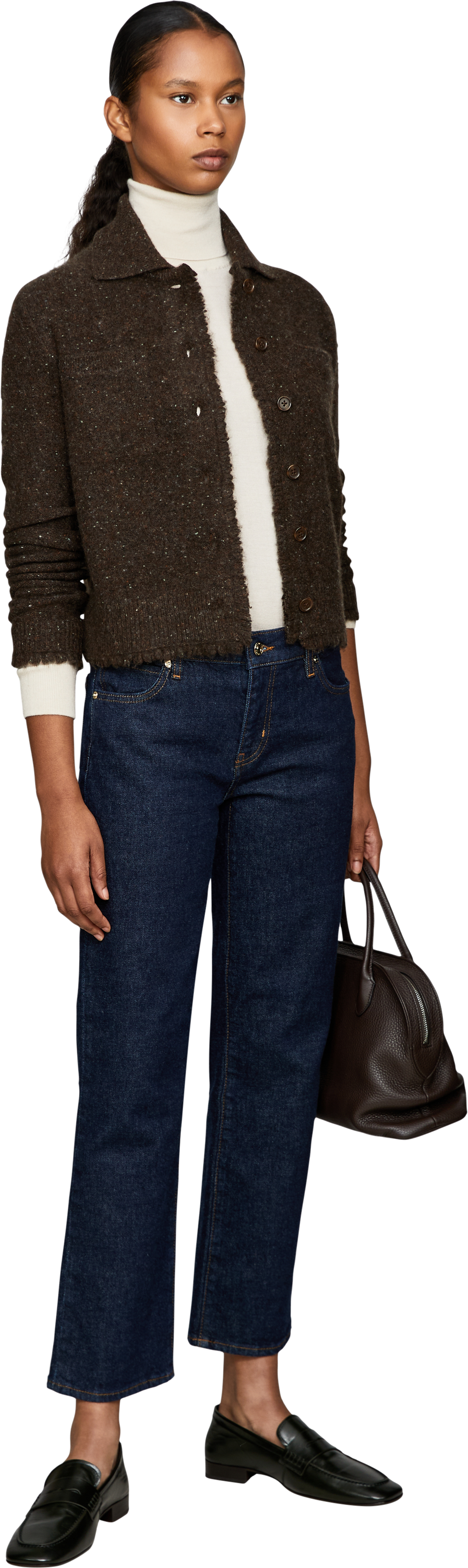 Vince Kurze Cashmere-Strickjacke 'Shrunken Donegal' Dunkelbraun, Modelansicht – UNGER.DE