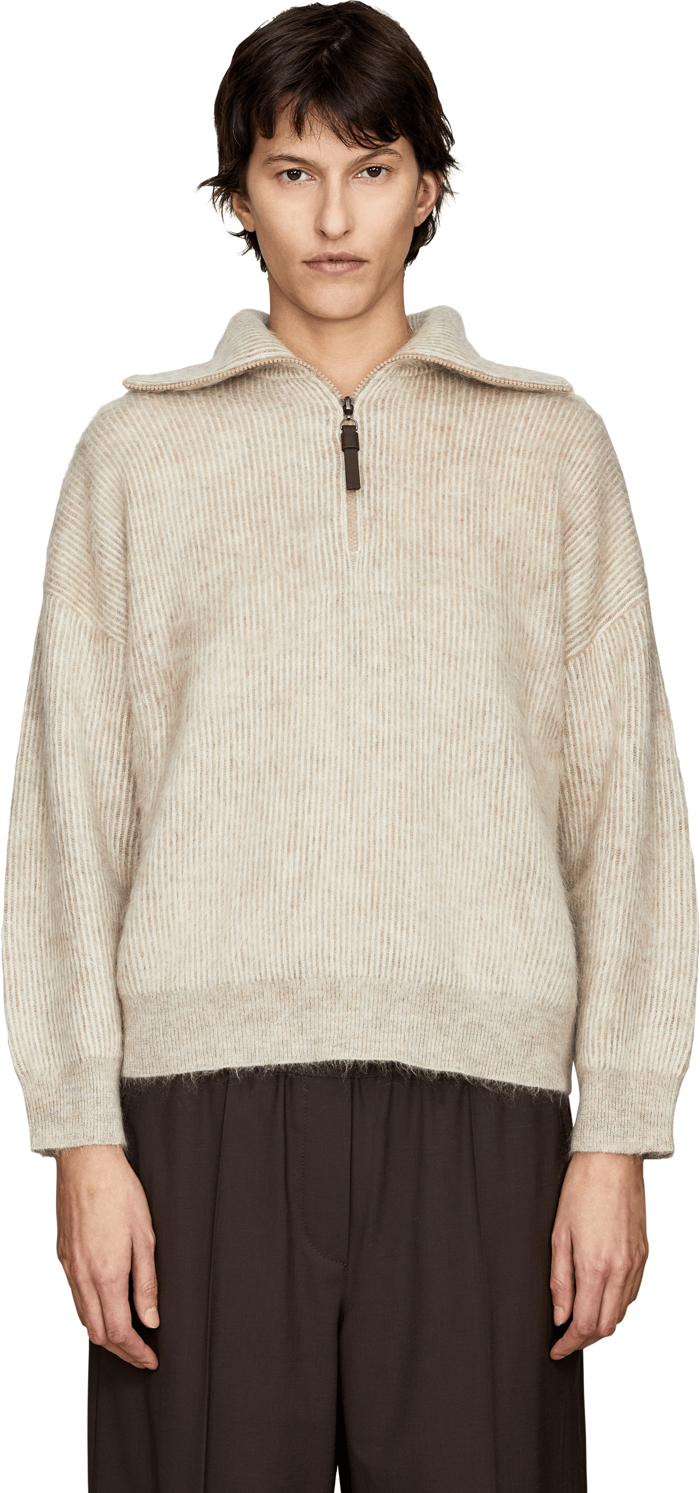 Brunello Cucinelli Beige zip-up turtleneck jumper, Front view – UNGER.DE