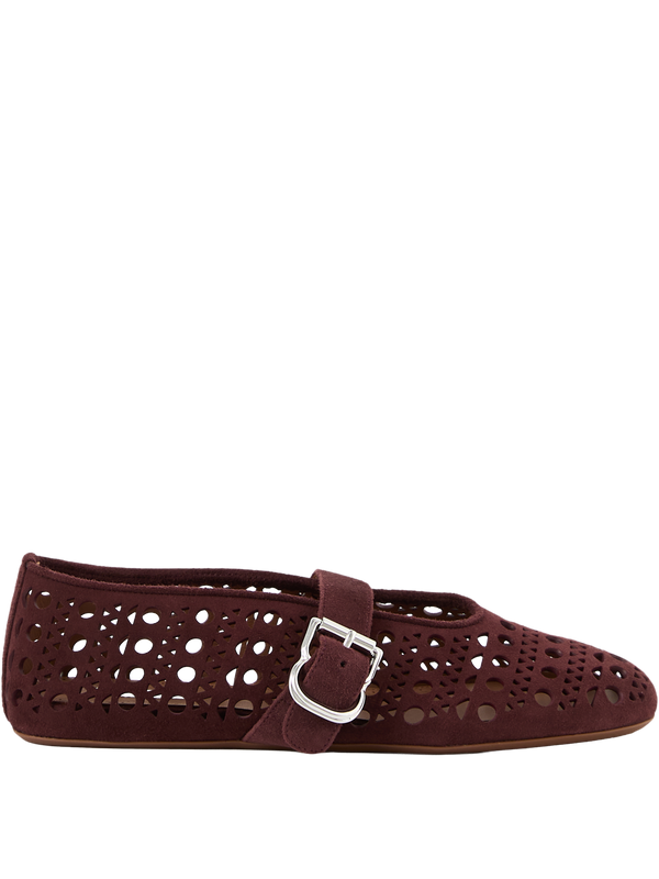 Goatskin suede ballerina flats with a Vienne pattern bordeaux