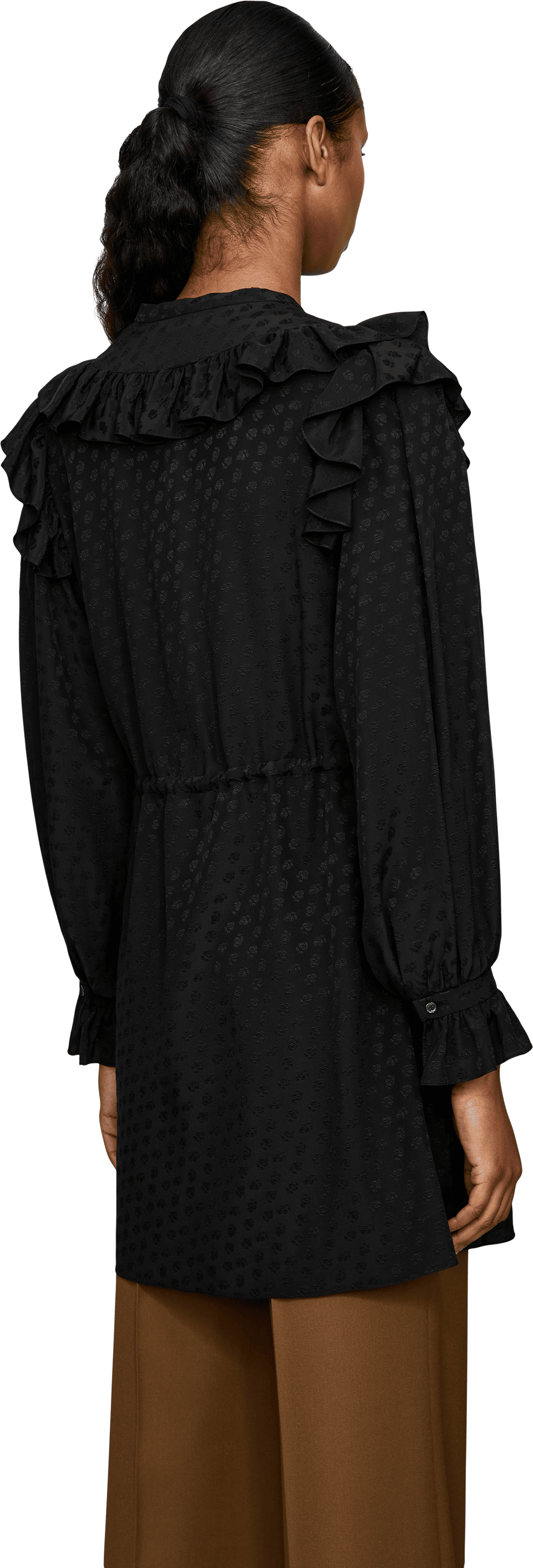 Chloé Gerüschtes Seidenkleid mit floralen Stickereien Schwarz, Rückansicht – UNGER.DE