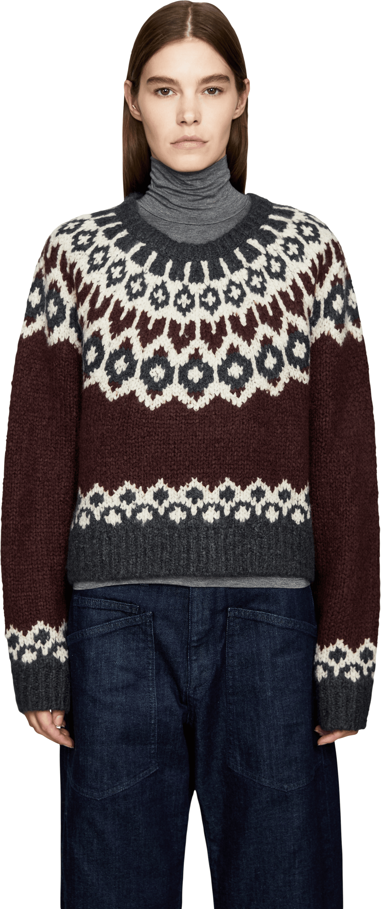 NILI LOTAN Cashmere-Seidenpullover 'Isaline Fair Isle' Bordeaux, Frontansicht – UNGER.DE