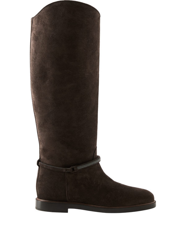 Lederstiefel mit Monili Perlen Dunkelbraun