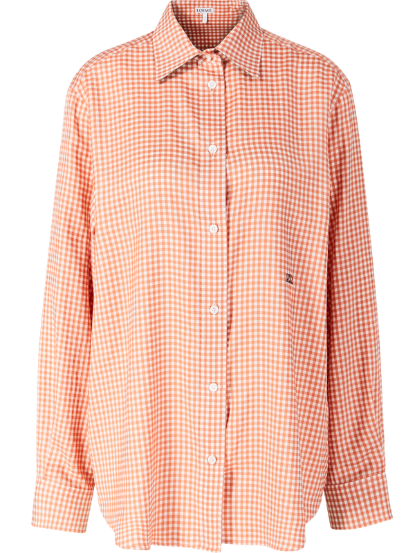 Checked silk shirt with double ‘L’ embroidery, orange