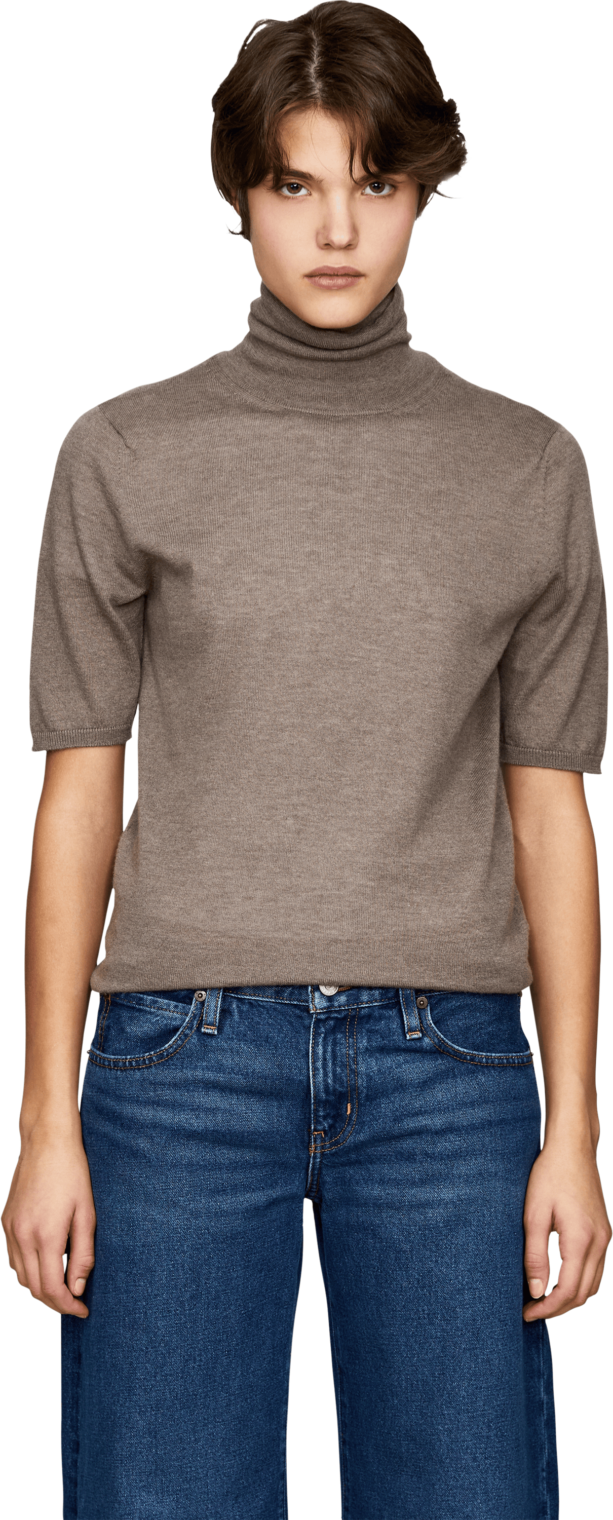 Iris von Arnim 'Rockdale' short-sleeved cashmere jumper in Taupe Del, Front view – UNGER.DE