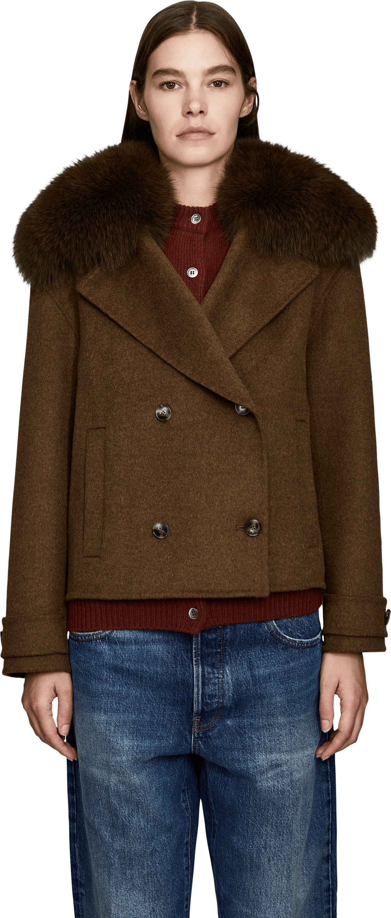 Yves Salomon Wool and cashmere pea coat with fur trim – brown, Front view – UNGER.DE