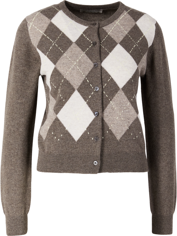 'Clan' cashmere cardigan with an argyle pattern in taupe