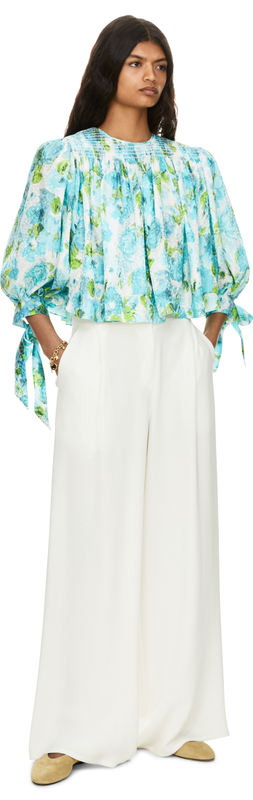 Florale Cropped-Bluse aus Seidenjacquard Petrol