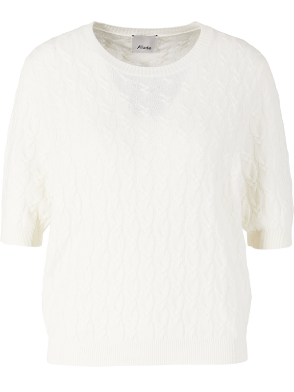 Short-sleeved cashmere jumper with cable knit pattern white