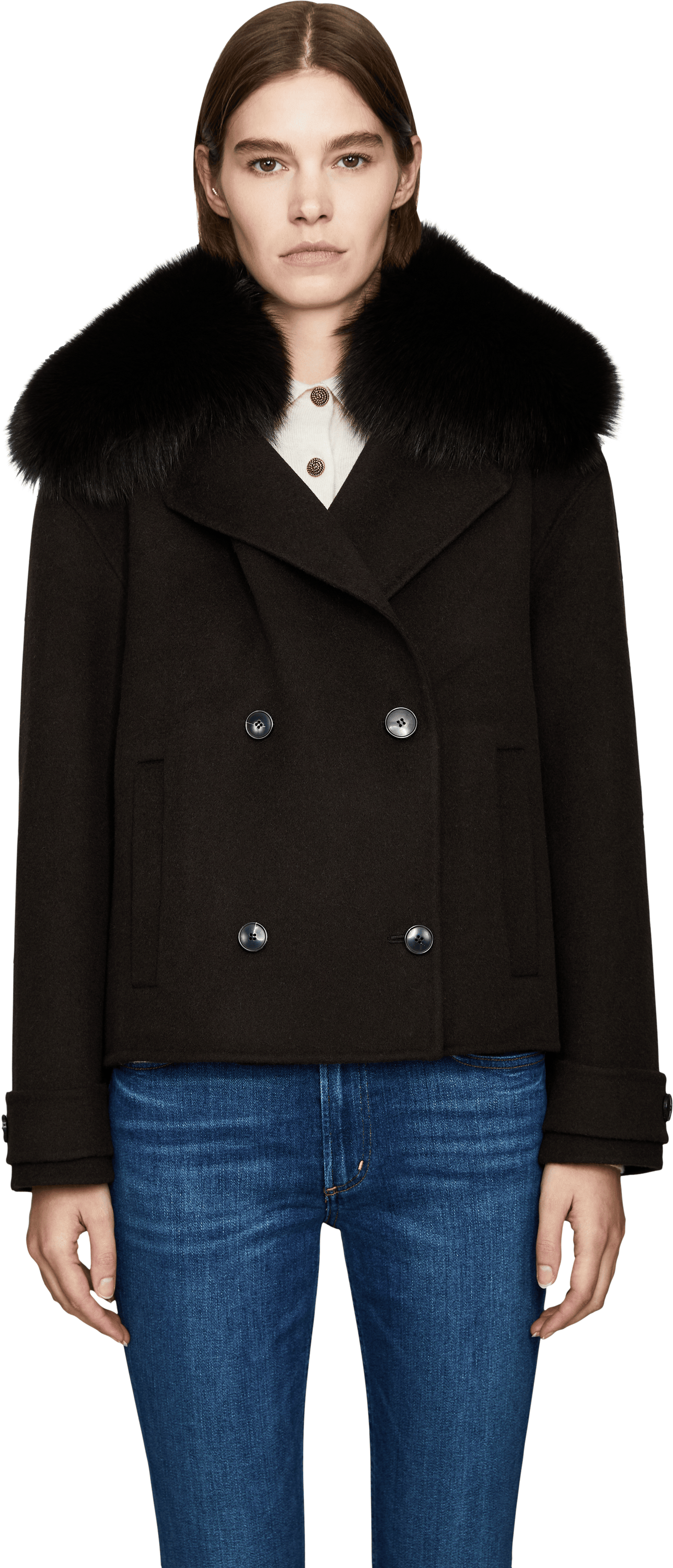 Yves Salomon Wool and cashmere jacket with fur trim, dark brown, Front view – UNGER.DE