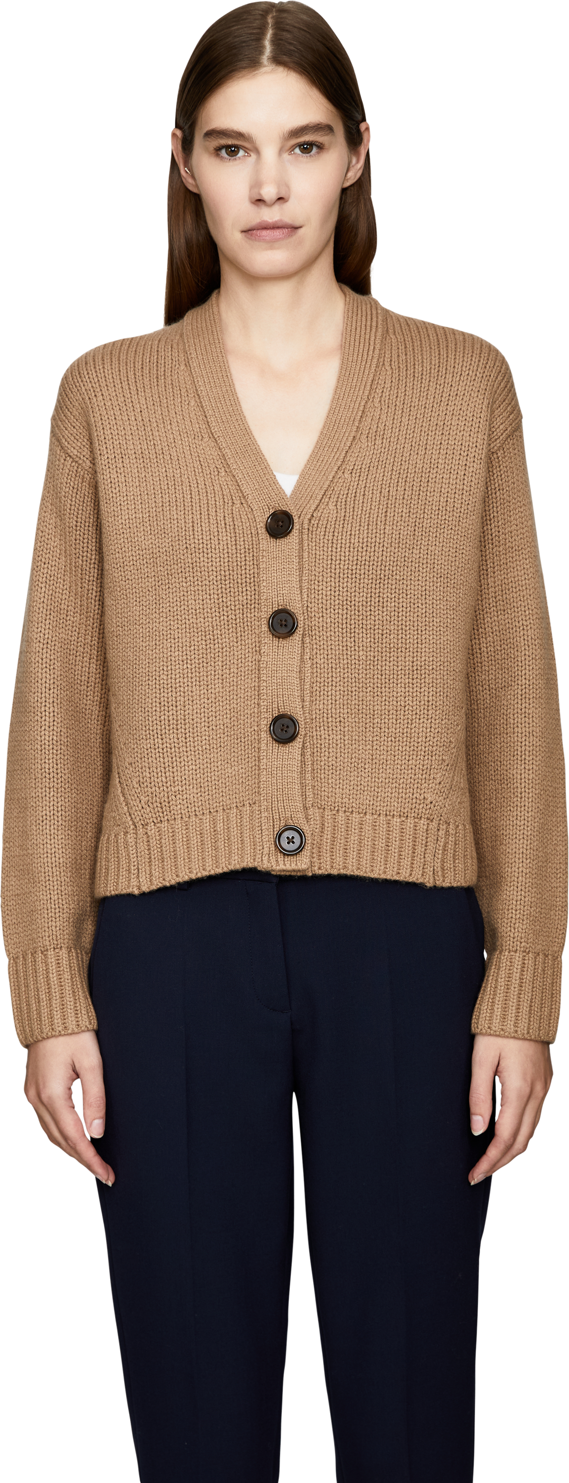 Vince Woll-Cashmere-Strickjacke 'Boxy' Camel, Frontansicht – UNGER.DE