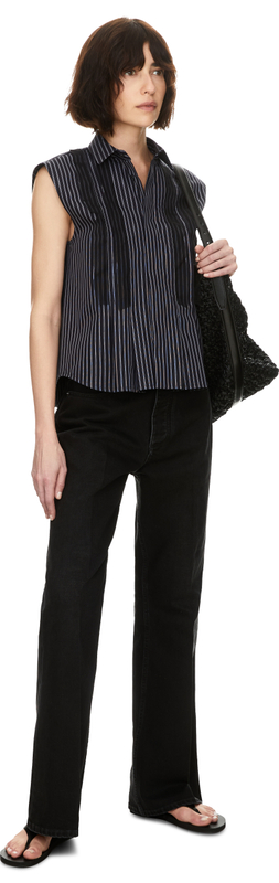 Gestreifte Ärmelose Bluse mit Volants Marineblau