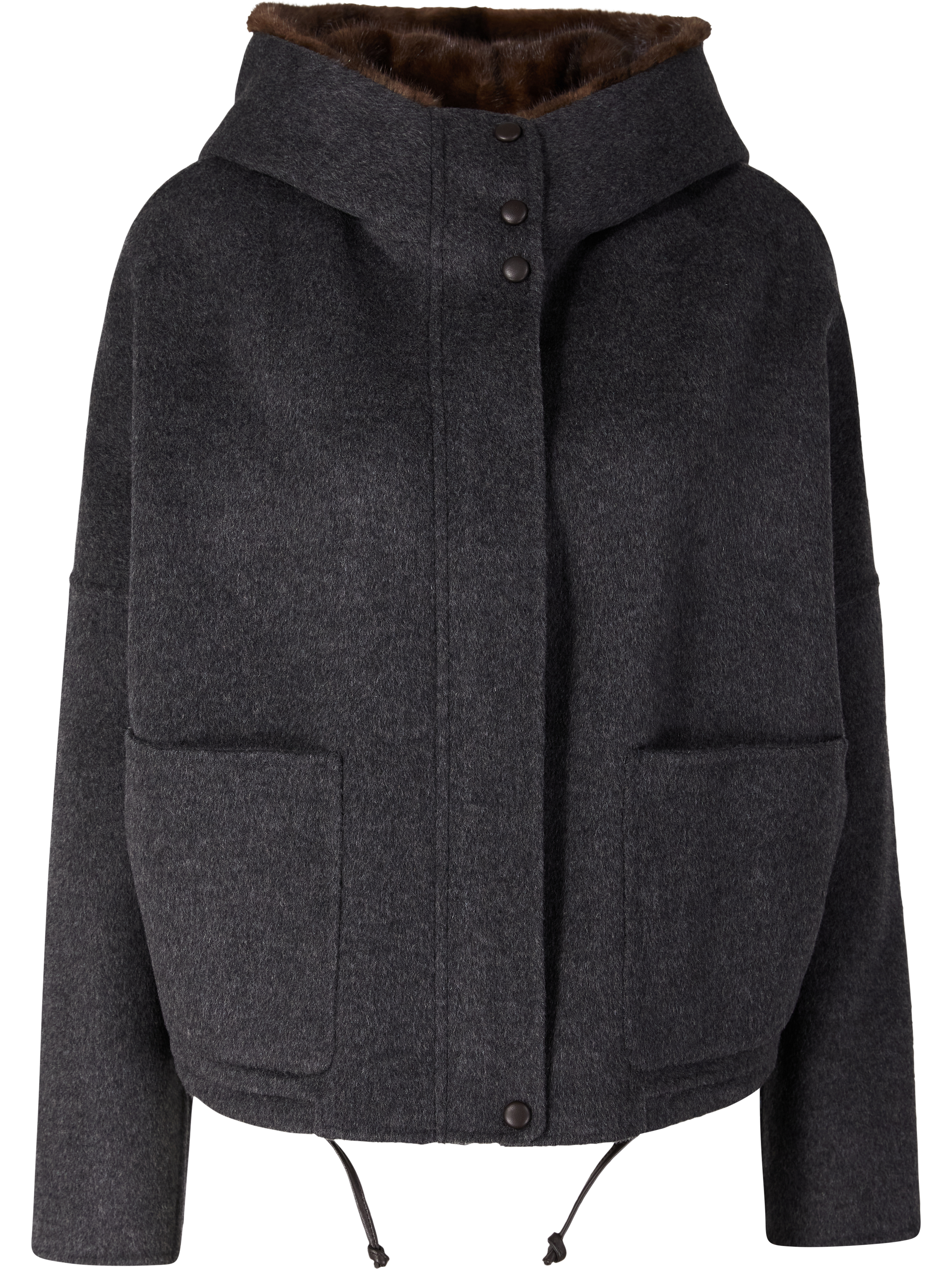 Yves Salomon Wool-cashmere jacket with fur hood dark grey , Product view – UNGER.DE