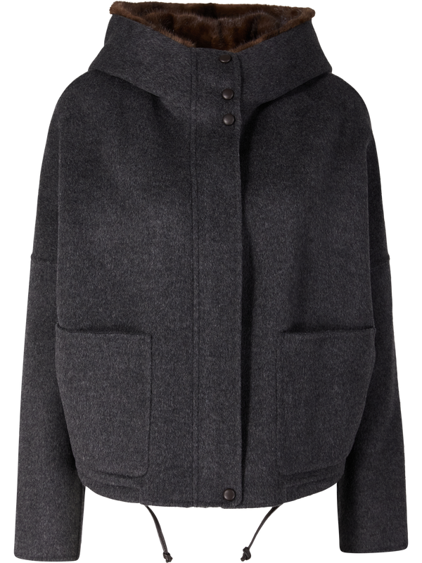 Wool-cashmere jacket with fur hood dark grey 