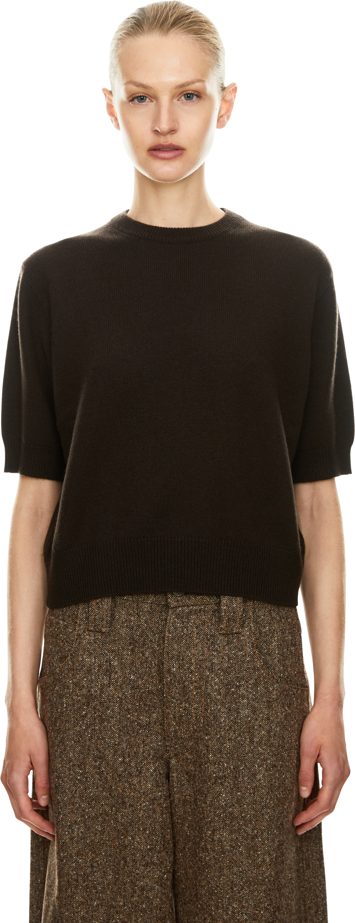 Brunello Cucinelli Cashmere-Kurzarmpullover mit Monili-Perlen Dunkelbraun, Frontansicht – UNGER.DE