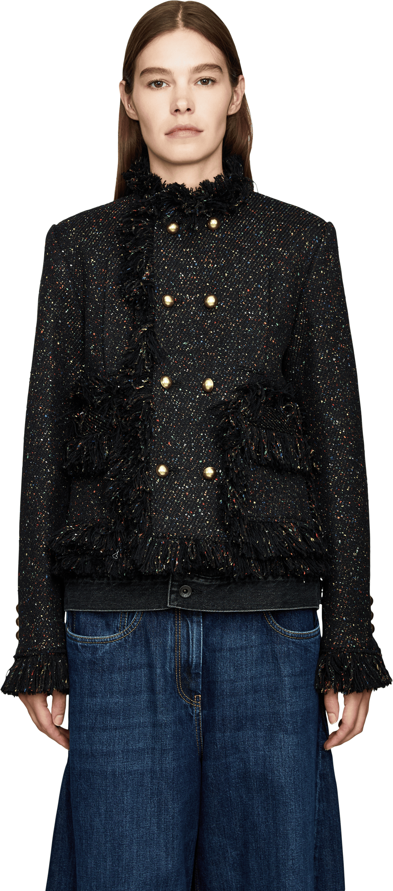 Sacai Gefranste Tweedjacke mit Denim-Details Schwarz, Frontansicht – UNGER.DE