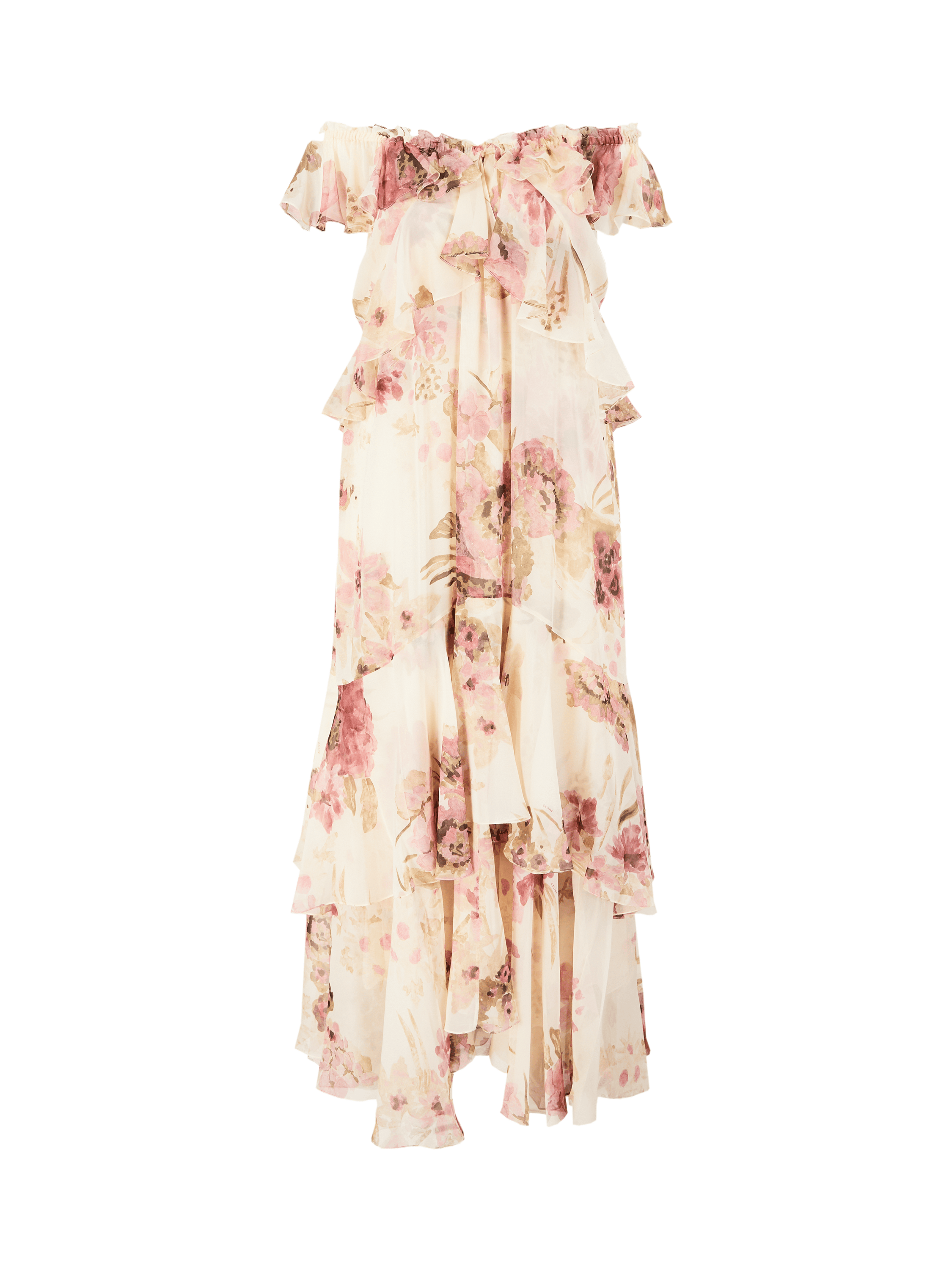 Florales Seidenkleid mit Volants Beige/Rosa