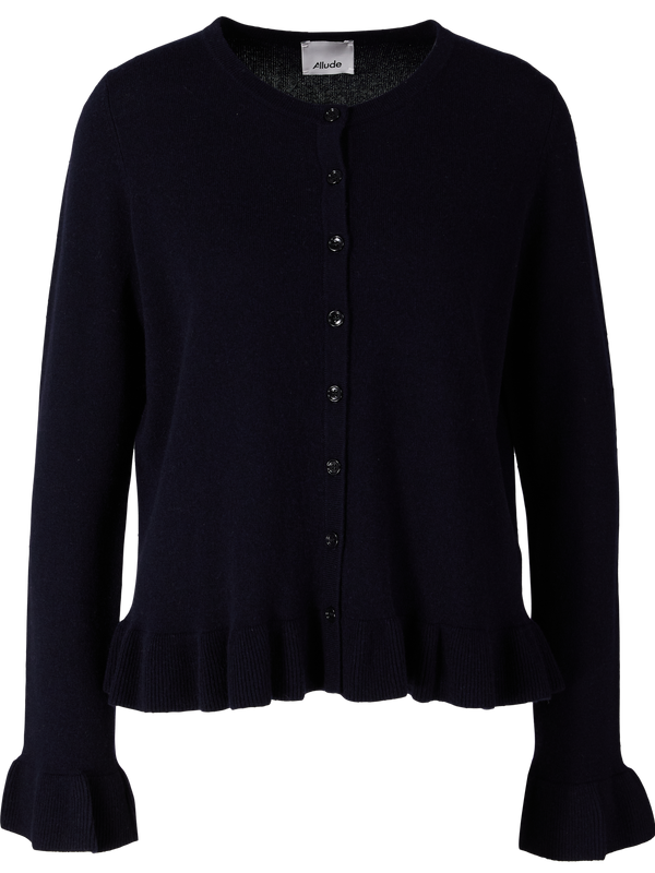 Woll-Cashmere-Strickjacke mit Volants Marineblau