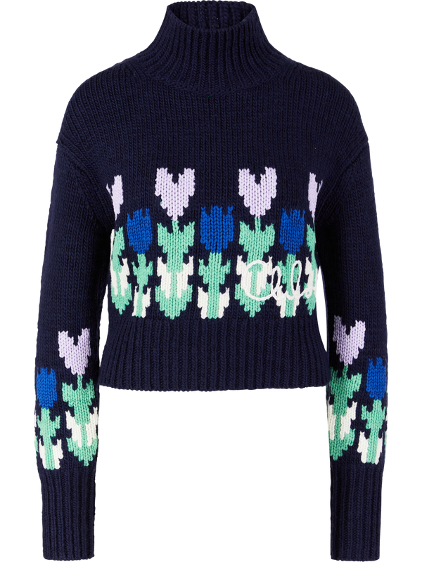 Cropped Strickpullover aus Wolle und Cashmere Marineblau