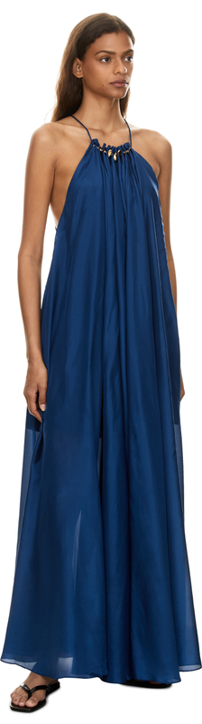 'Aster Gathered Bead' silk maxi dress with beads – blue