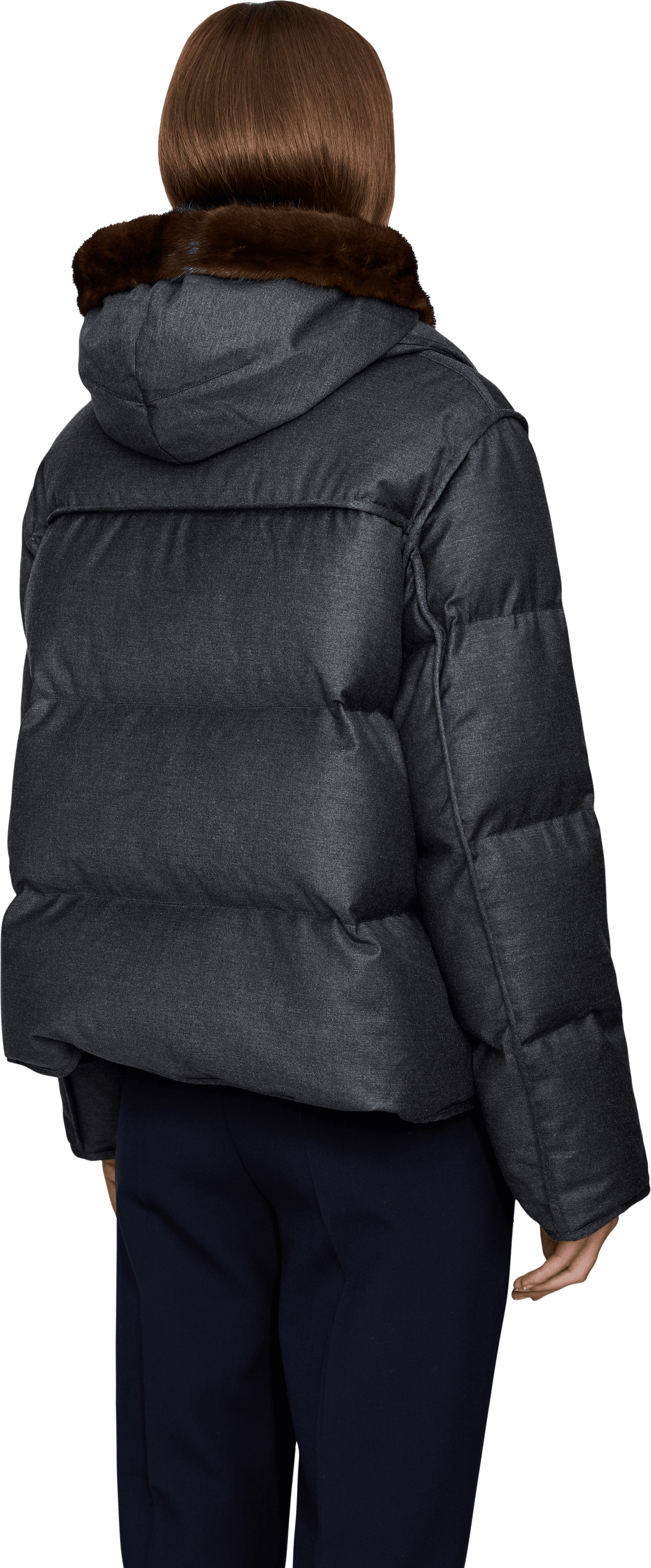 Yves Salomon Kurze Daunenjacke aus Flanell mit Pelzbesatz Grau, Rückansicht – UNGER.DE
