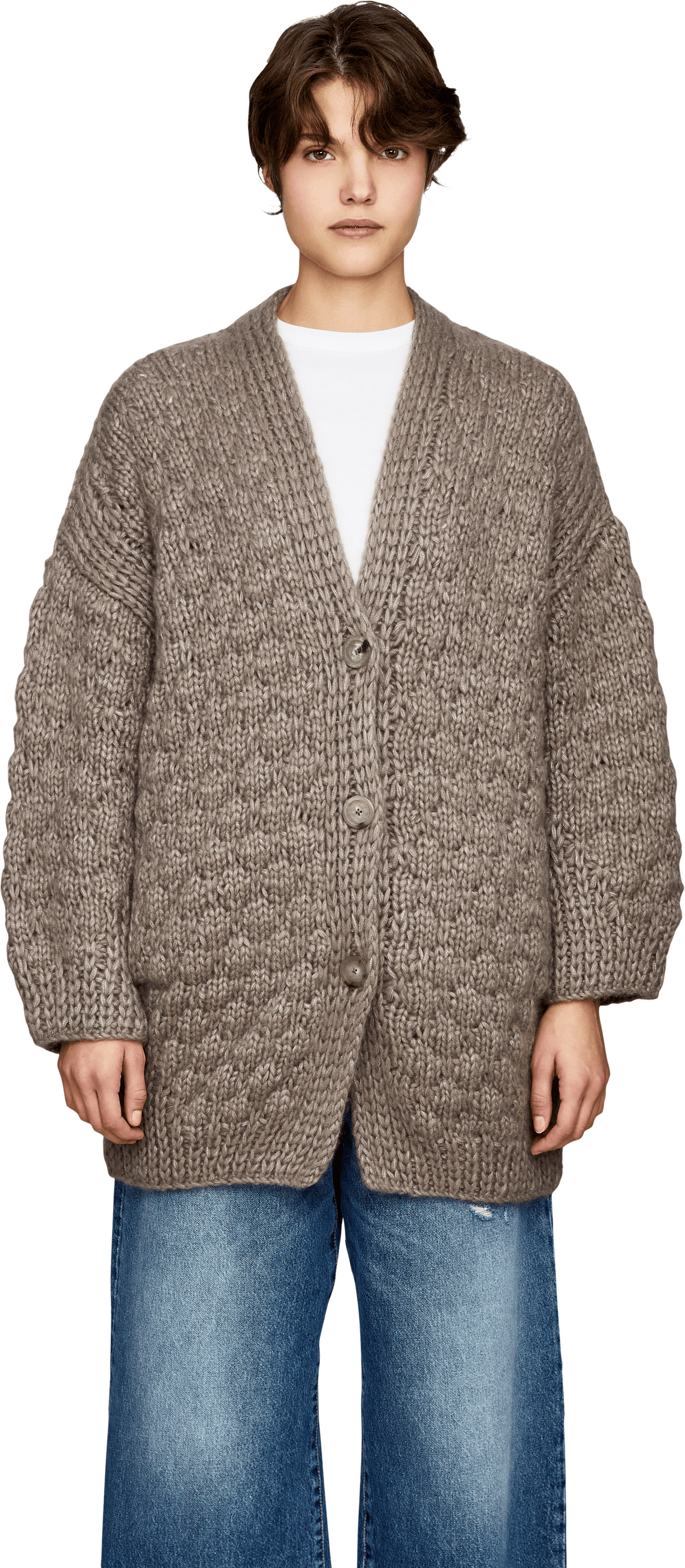 Iris von Arnim 'Loreli Handstrick' cardigan in cashmere and silk, taupe, Front view – UNGER.DE