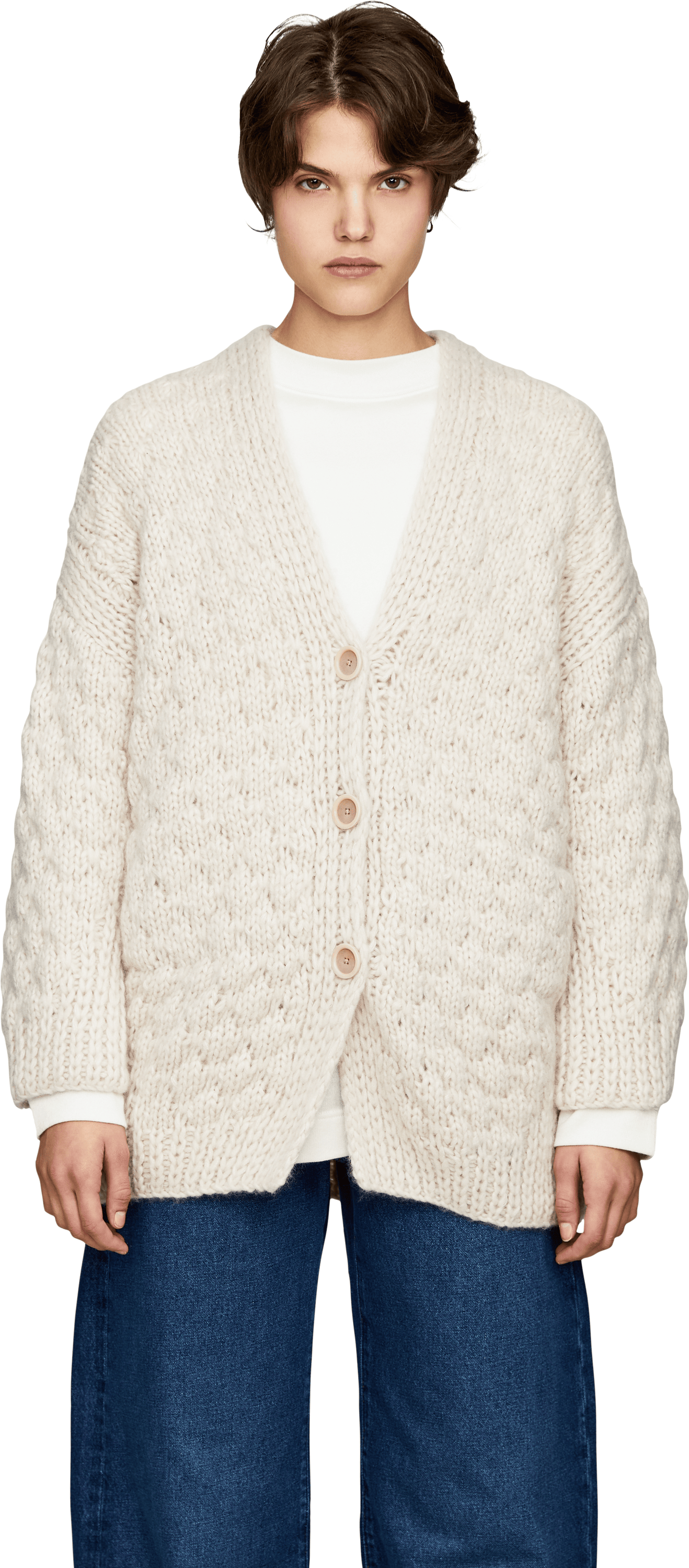 Iris von Arnim 'Loreli Handstrick' cardigan in cashmere and silk, in Alabaster, Front view – UNGER.DE