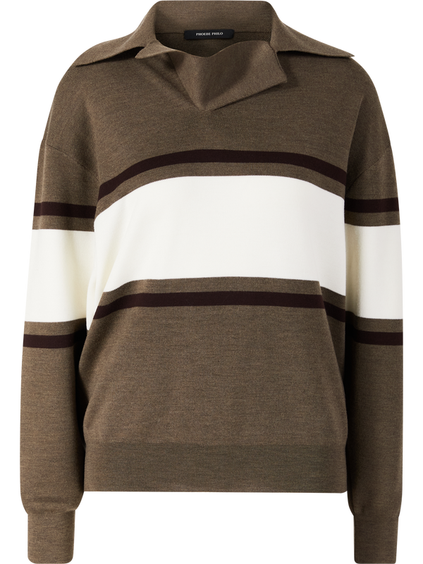 Striped wool polo jumper brown