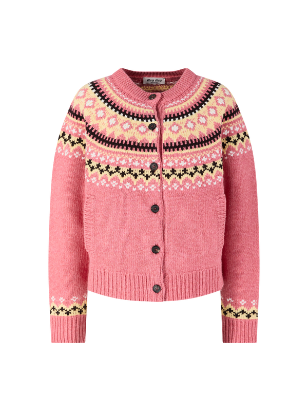 Wollstrickjacke mit Jacquard Muster Pink
