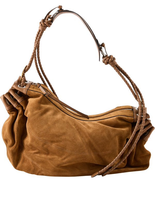 'Maia Large' shoulder bag in cognac-coloured calf suede