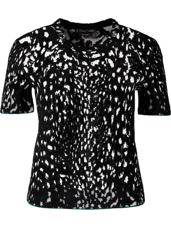 Samtiger Kurzarmpullover mit Luchs-Jacquard Schwarz