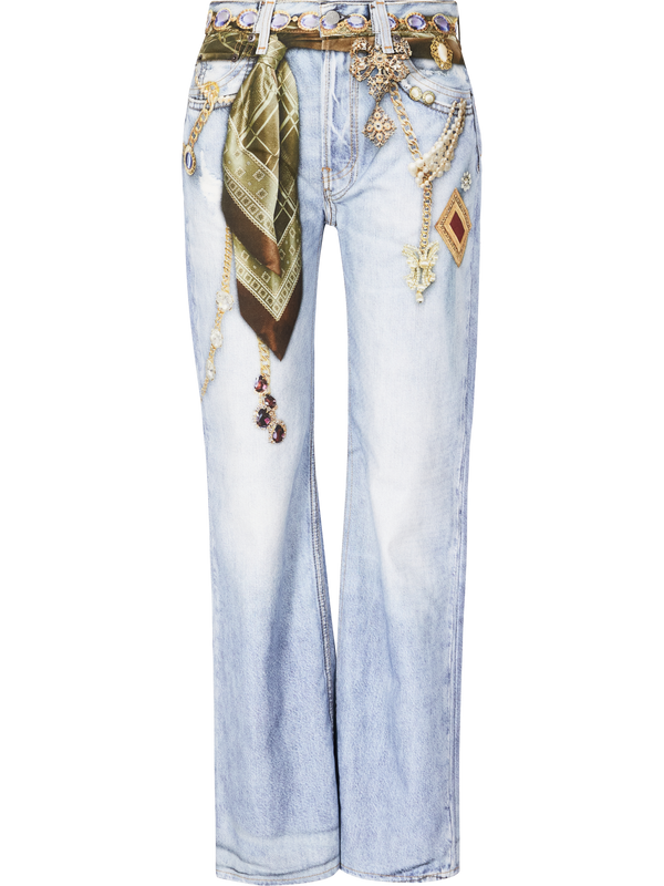 Straight-Cut Jeans in Trompe-l'œil-Print Hellblau