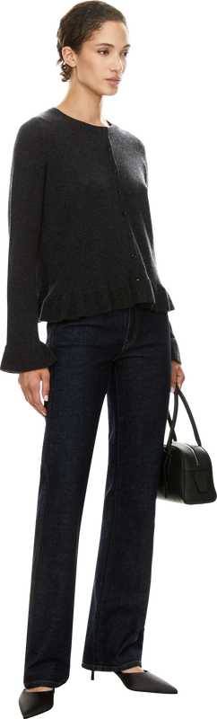Wool and cashmere cardigan with flounces, anthracite