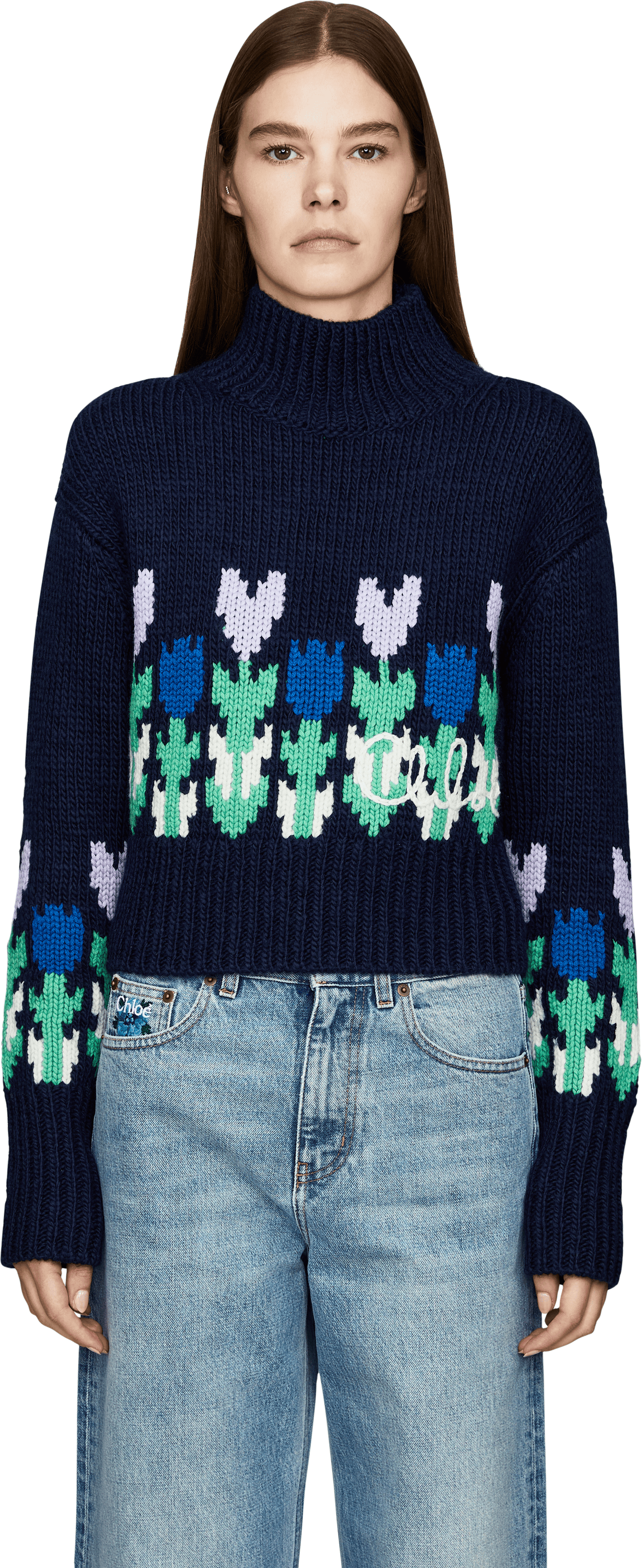 Chloé Cropped Strickpullover aus Wolle und Cashmere Marineblau, Frontansicht – UNGER.DE