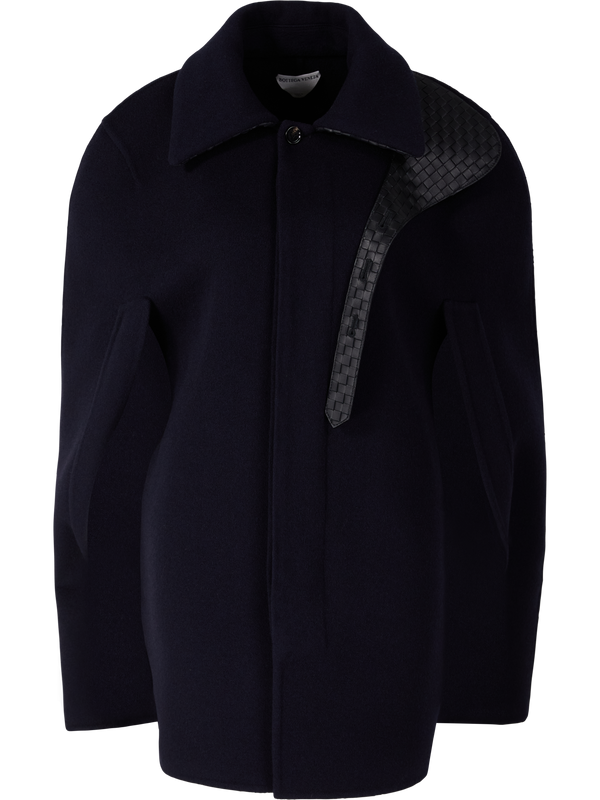Wool-cashmere cape with leather collar navy blue
