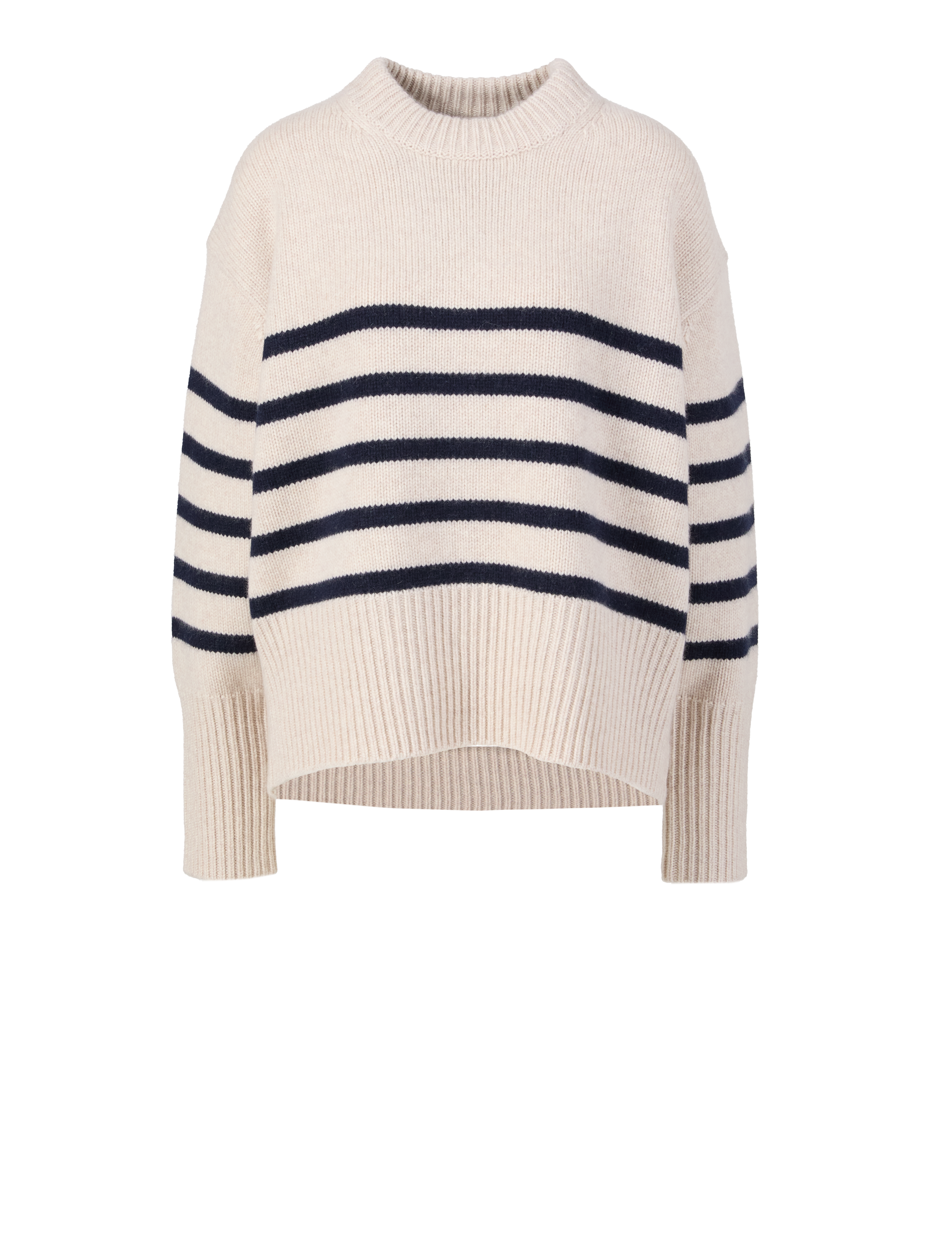 Gestreifter Boxy Cashmere-Pullover Crème/Marineblau