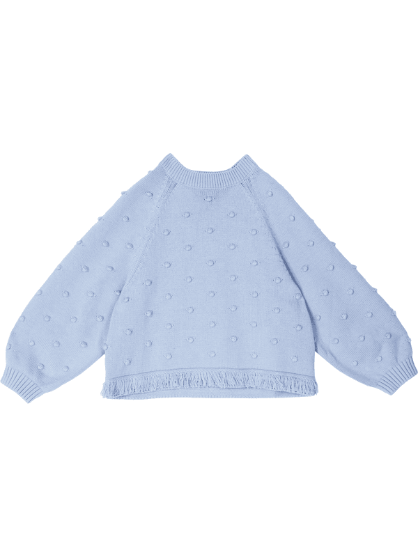 Gefranster Pullover in Bommelstrick Hellblau