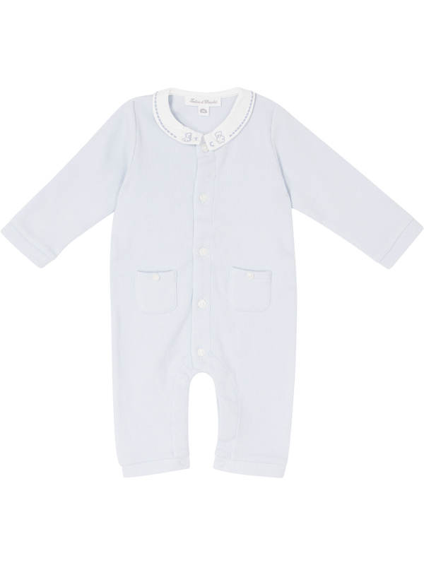 Bodysuit with hand-embroidered teddy bear collar – light blue