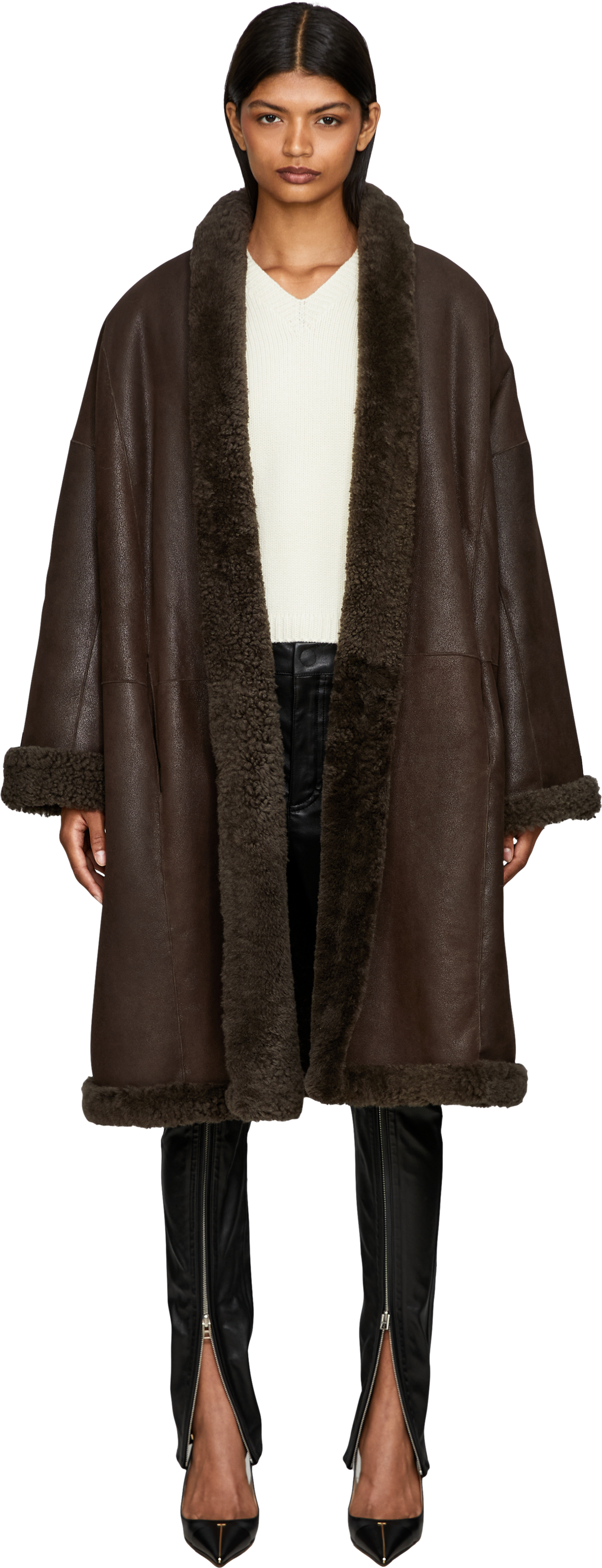 Tom Ford Oversized Lammfellmantel 'Cocoon' Dunkelbraun, Frontansicht – UNGER.DE