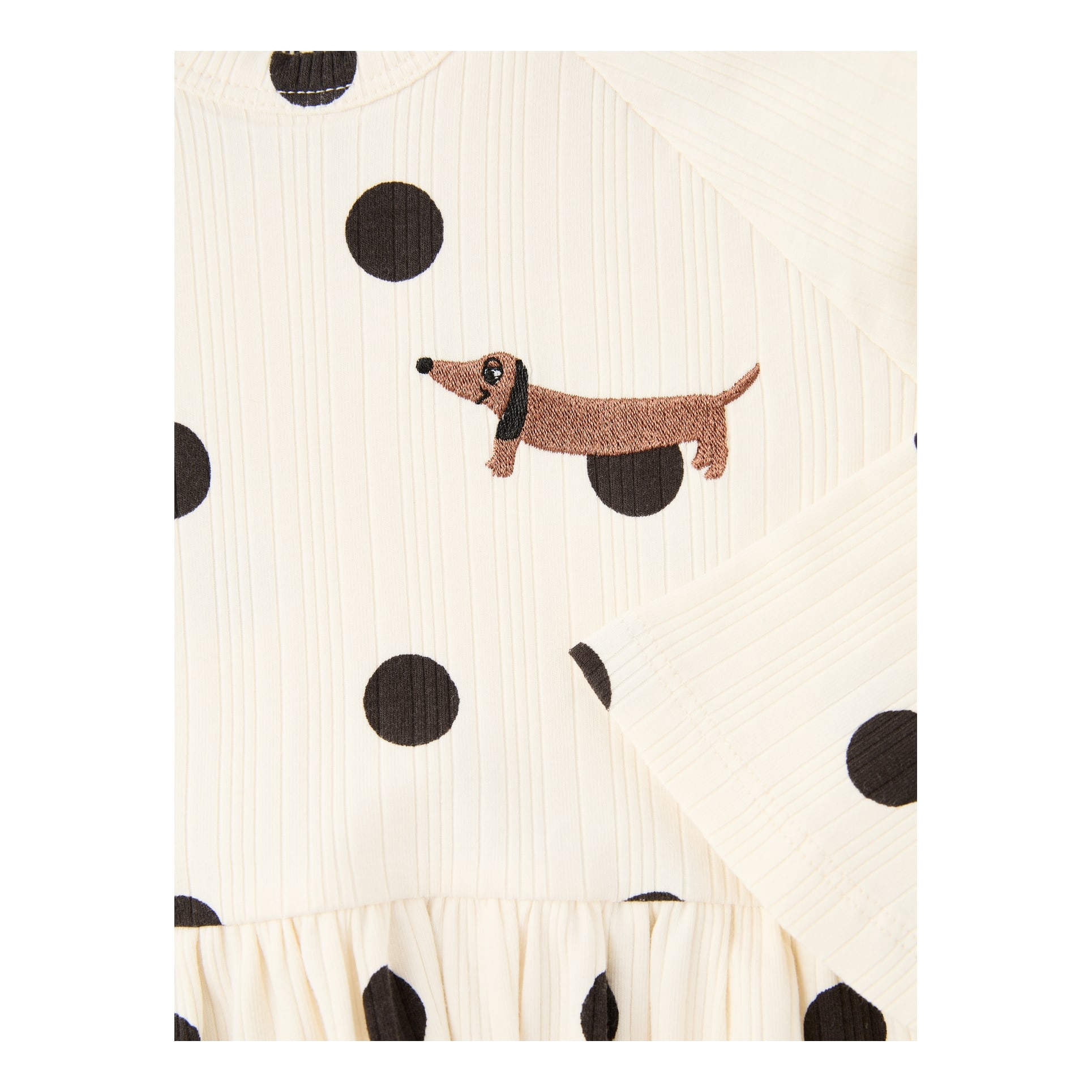 Mini Rodini 'Dots aop dog' polka-dot dress with dog motif, cream, Detail view – UNGER.DE