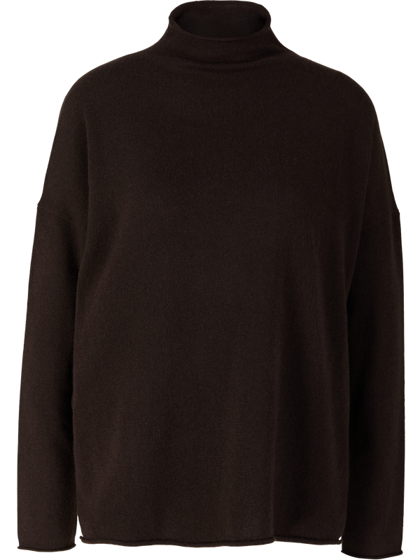 Cashmere stand-up collar jumper with rolled hem dark brown