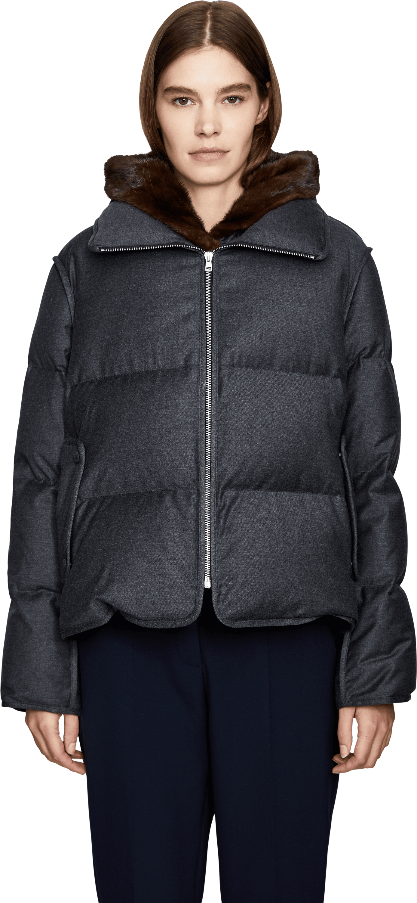 Yves Salomon Kurze Daunenjacke aus Flanell mit Pelzbesatz Grau, Frontansicht – UNGER.DE