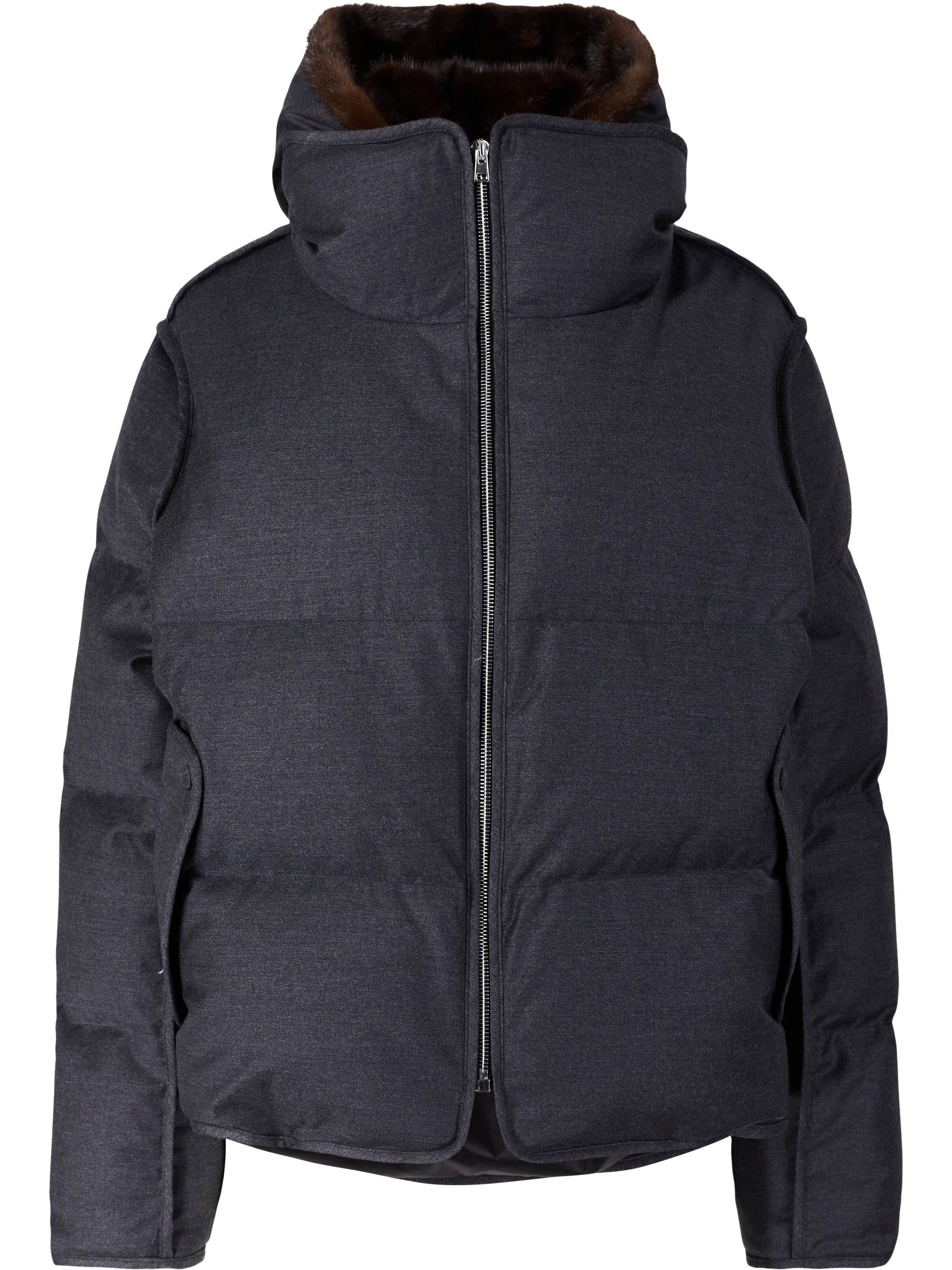 Yves Salomon Kurze Daunenjacke aus Flanell mit Pelzbesatz Grau, Produktansicht – UNGER.DE